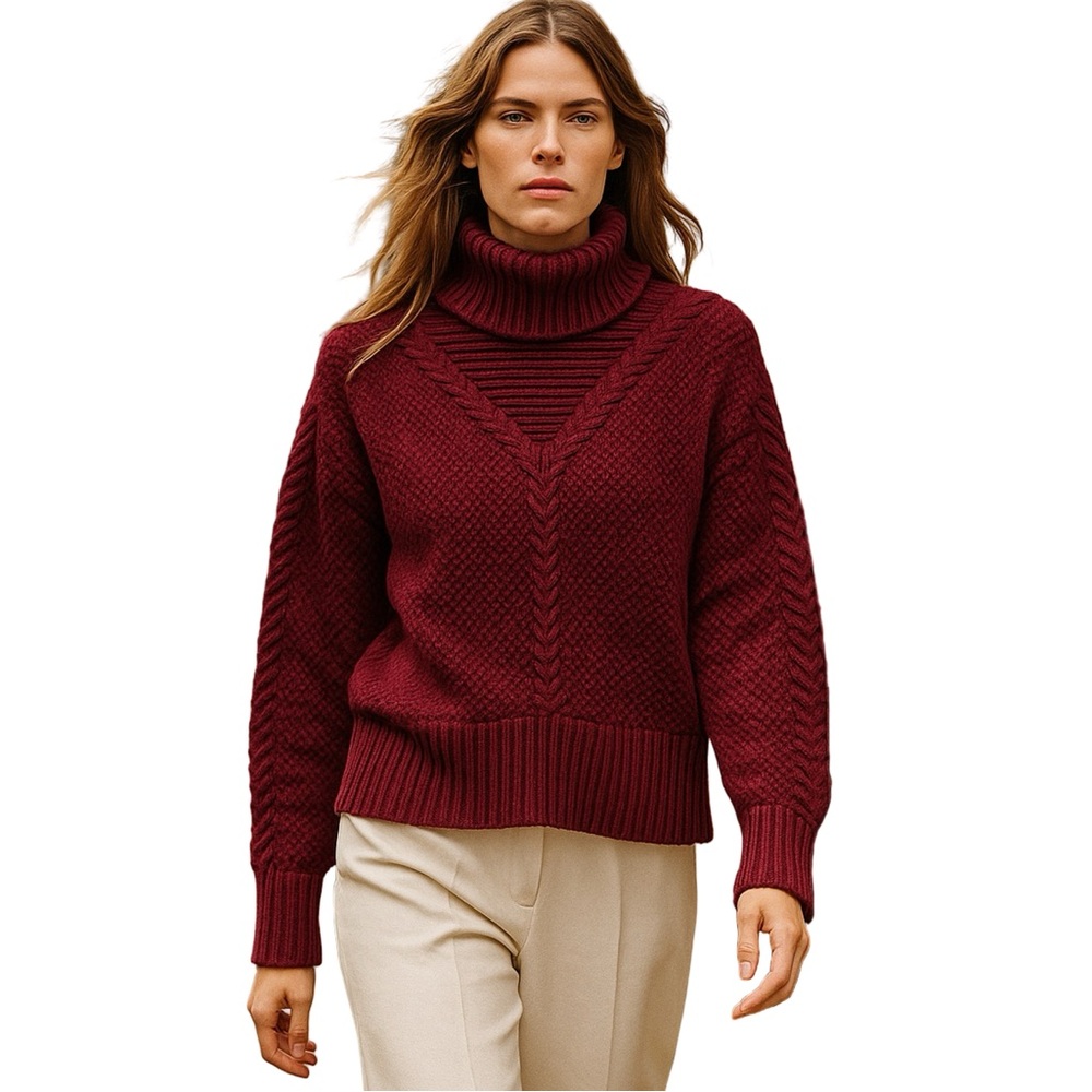 Rachel Ashwell 100% Cotton Burgundy Turtleneck Cable Knit Pull Over Sweater